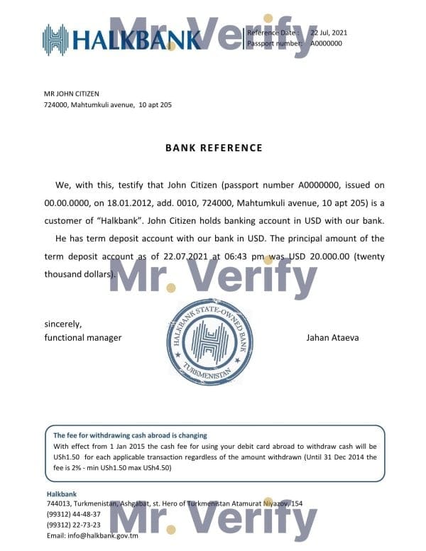 Turkmenistan Halkbank account balance reference letter template in Word and PDF format Turkmenistan Halkbank account balance reference letter template in Word and PDF format