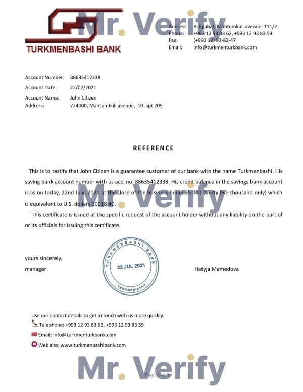 Turkmenistan Turkmenbashi bank account balance reference letter template in Word and PDF format Turkmenistan Turkmenbashi bank account balance reference letter template in Word and PDF format
