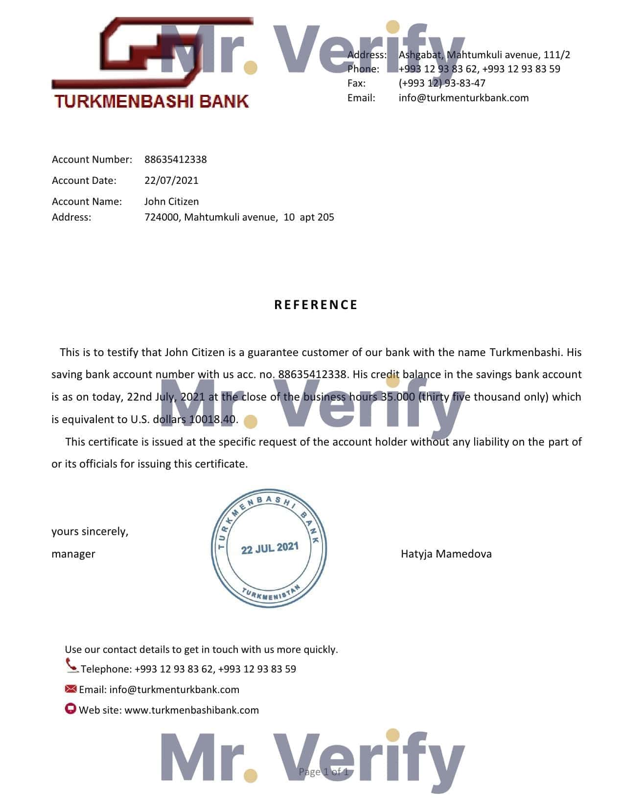 Turkmenistan Turkmenbashi bank account balance reference letter template in Word and PDF format Turkmenistan Turkmenbashi bank account balance reference letter template in Word and PDF format