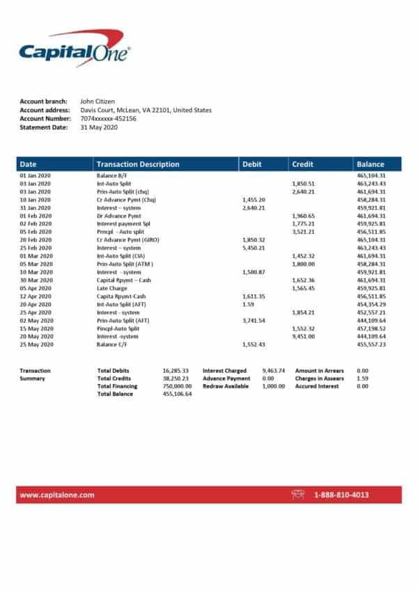 USA Capital One bank statement template, Word and PDF format (.doc and .pdf)