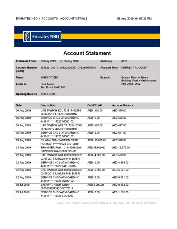 UAE Abu Dhabi Emirates NBD bank statement template in Word and PDF format, good for address prove