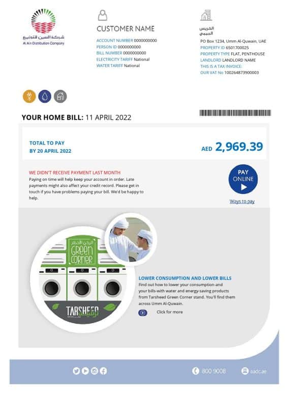 UAE Dubai Al Ain Distribution Co. Word and PDF utility bill template (5 pages)