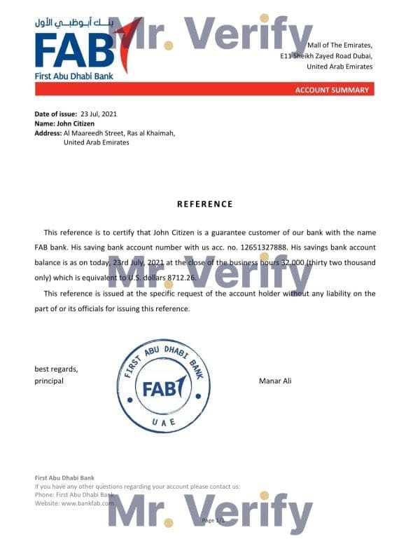 UAE FAB bank account balance reference letter template in Word and PDF format UAE FAB bank account balance reference letter template in Word and PDF format