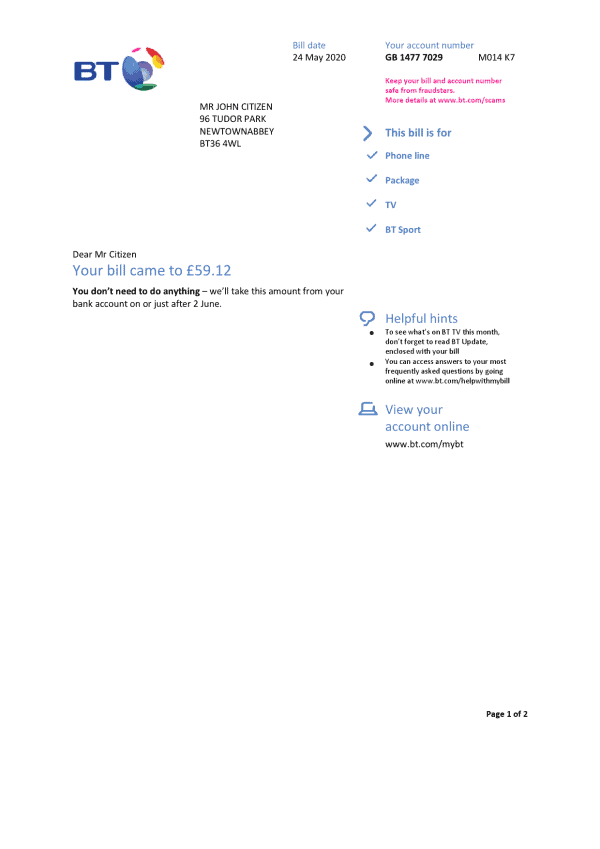 UK-BT-2-pages_000001.png United Kingdom BT utility bill template in Word and PDF format, 2 pages