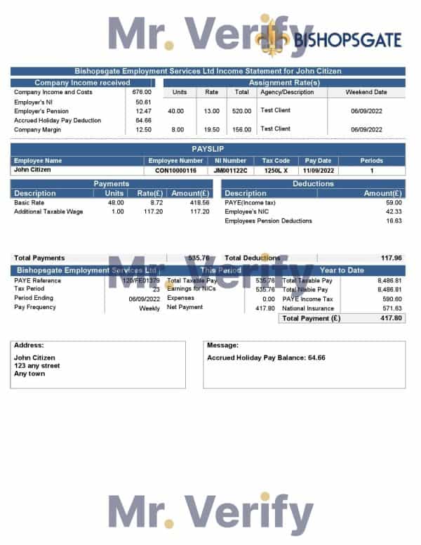 United Kingdom Bishopsgate payroll services company pay stub Word and PDF template