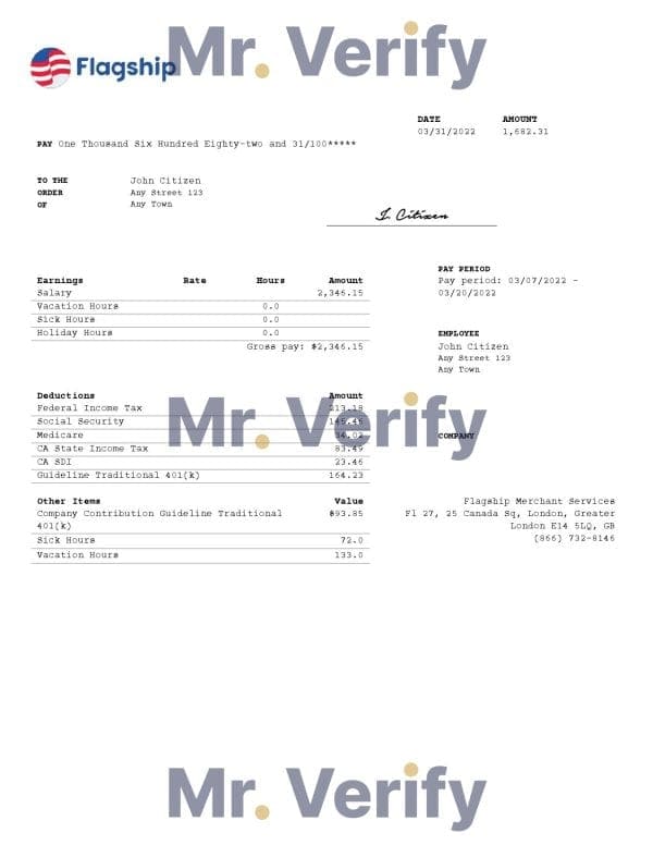 United Kingdom Flagship Merchant Services credit card service company pay stub Word and PDF template