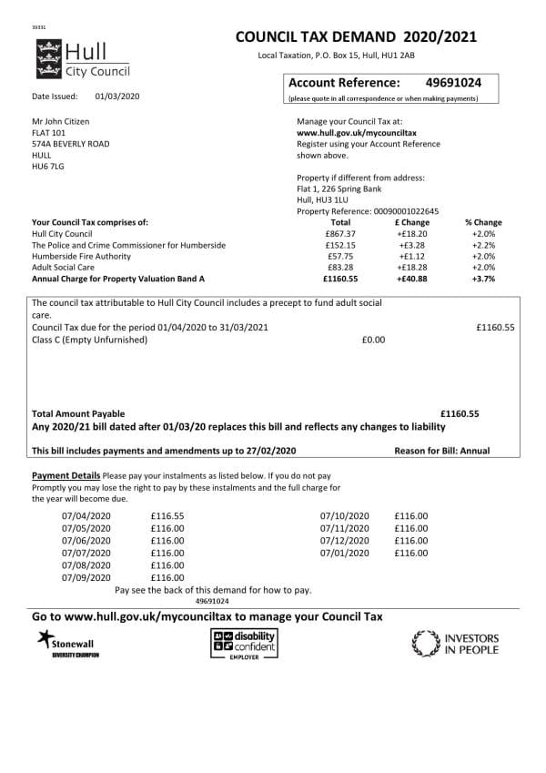 UK-Hull-City.jpg United Kingdom Hull City Council utility bill template in Word and PDF format, 2 pages