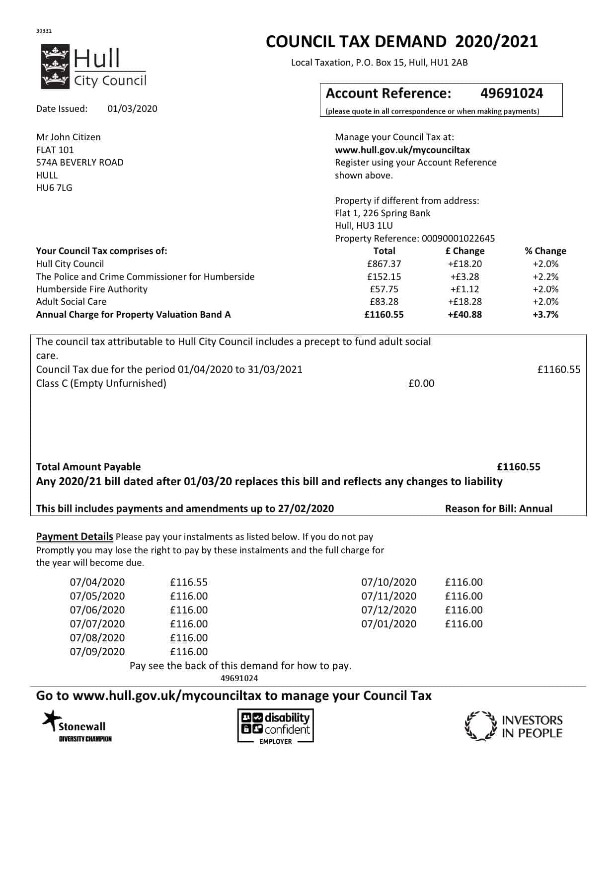 UK-Hull-City.jpg United Kingdom Hull City Council utility bill template in Word and PDF format, 2 pages