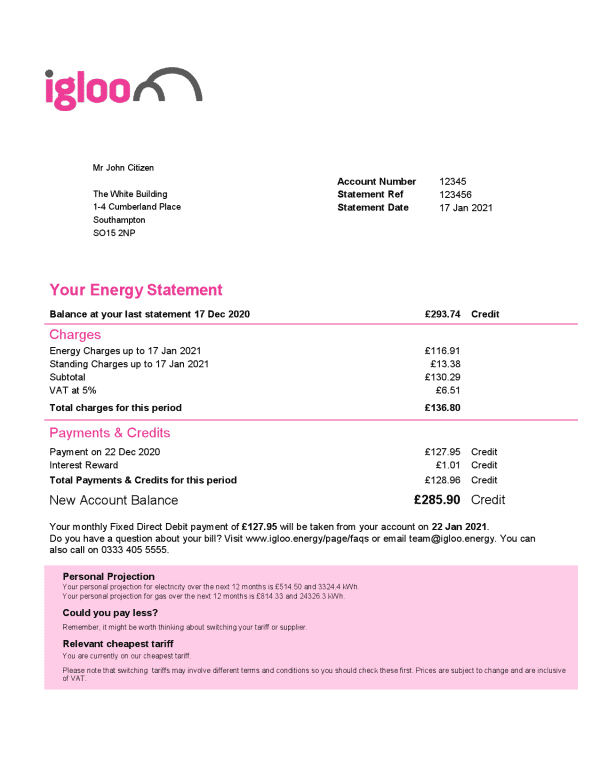 UK-Igloo-el.-bill-1.png United Kingdom Igloo Energy utility bill template in Word and PDF format