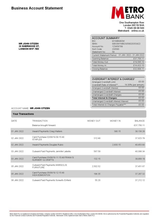 UK-Metro-Bank-Statement-4-page_000001.jpg United Kingdom Metro bank business account statement Word and PDF template, 4 pages