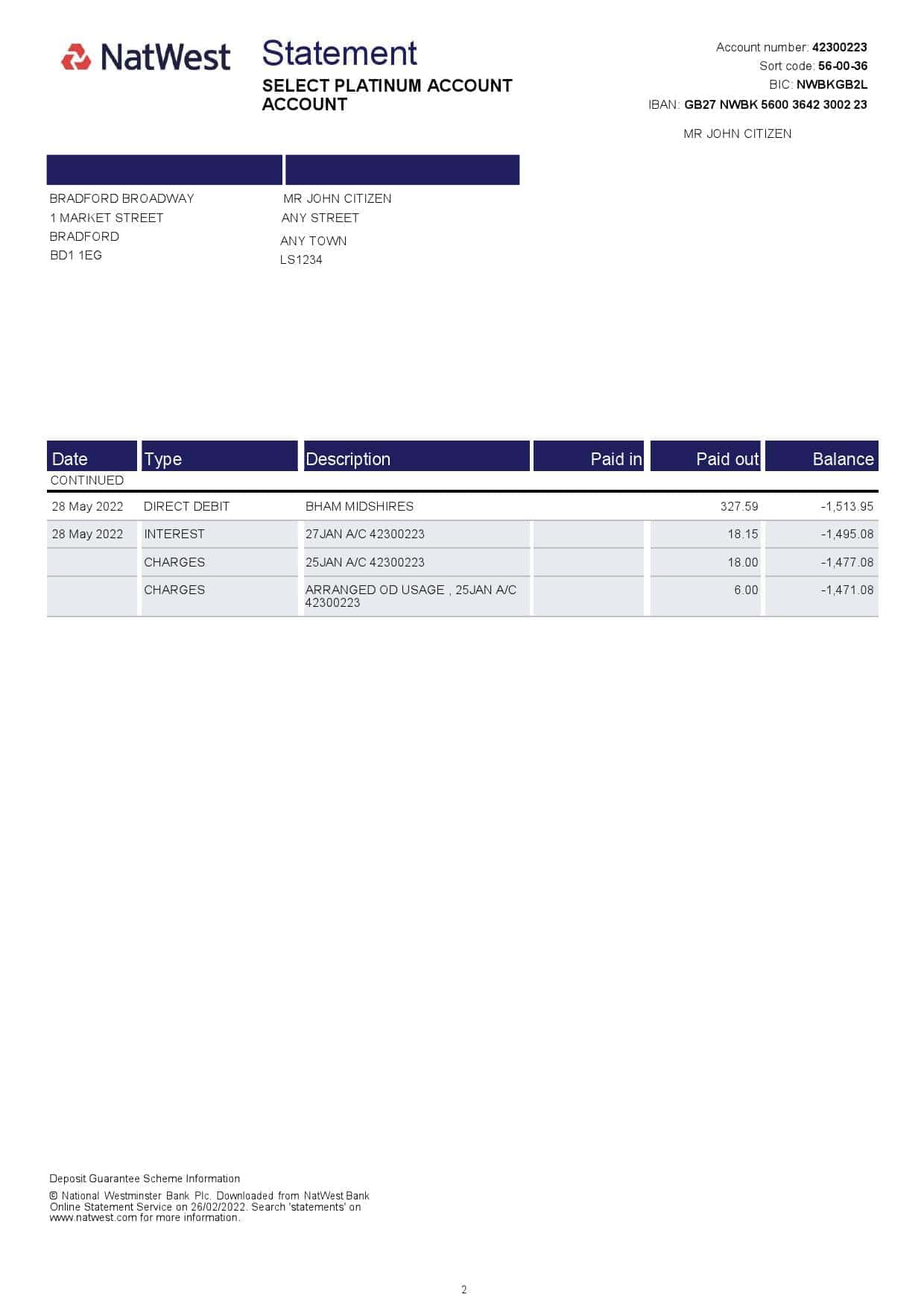 UK-NatWest-bank-statement-2-pages_000002.jpg United Kingdom NatWest bank statement, Word and PDF template, 2 pages, version 2 - Image 2
