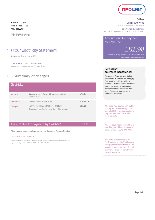 UK-Npower.png United Kingdom Npower utility bill, Word and PDF template