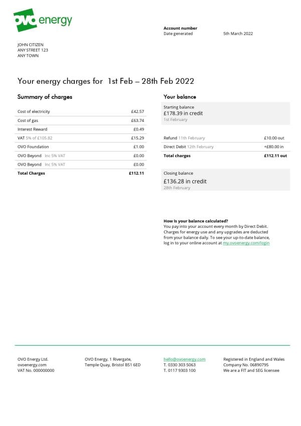 United Kingdom Ovo Energy electricity bill, Word and PDF template