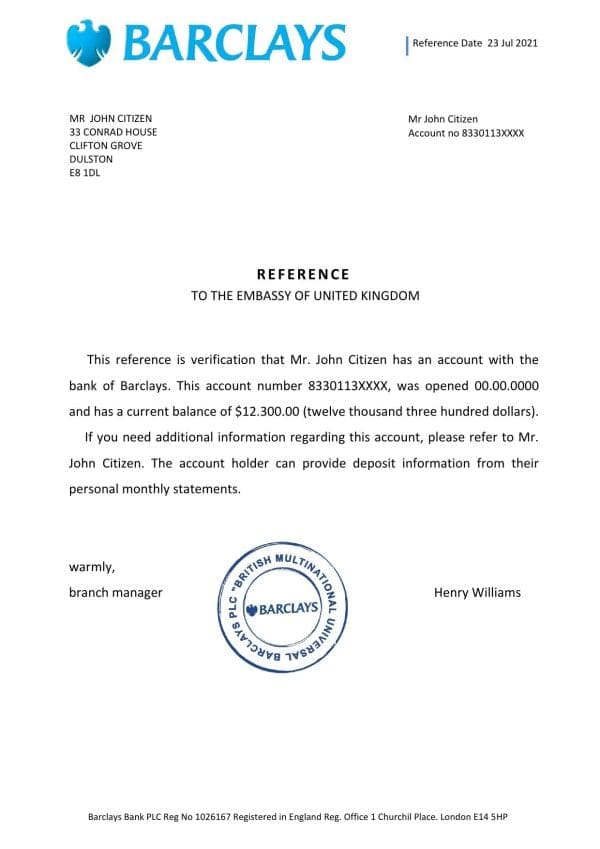 United Kingdom Barclays bank reference letter template in Word and PDF format