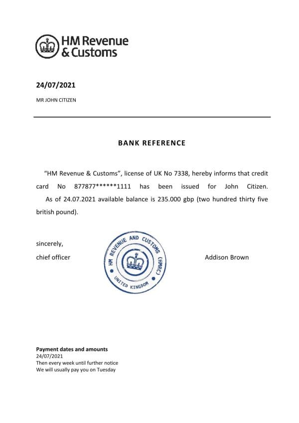 United Kingdom HM Revenue & Customs bank reference letter template in Word and PDF format