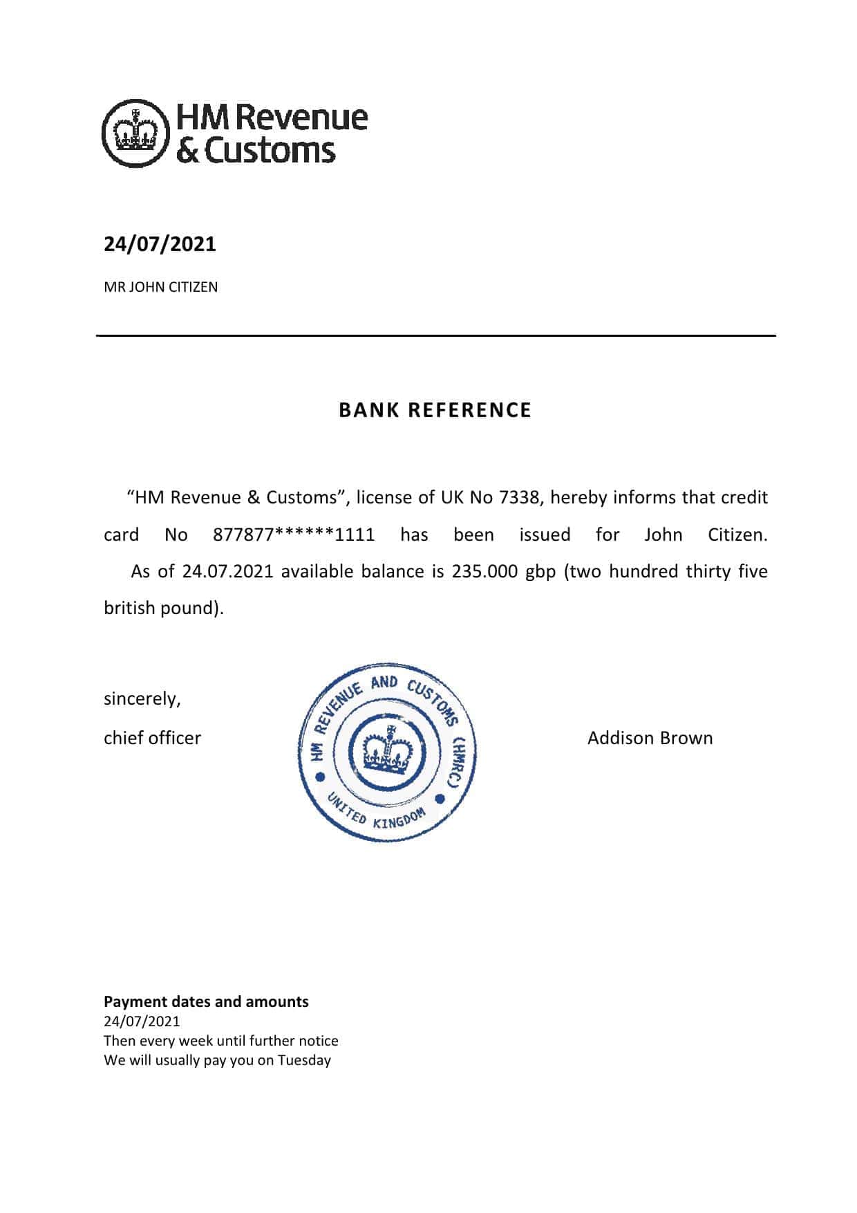 United Kingdom HM Revenue & Customs bank reference letter template in Word and PDF format United Kingdom HM Revenue & Customs bank reference letter template in Word and PDF format
