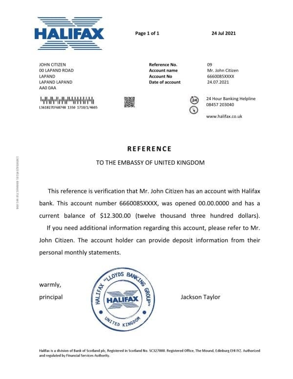 United Kingdom Halifax bank reference letter template in Word and PDF format