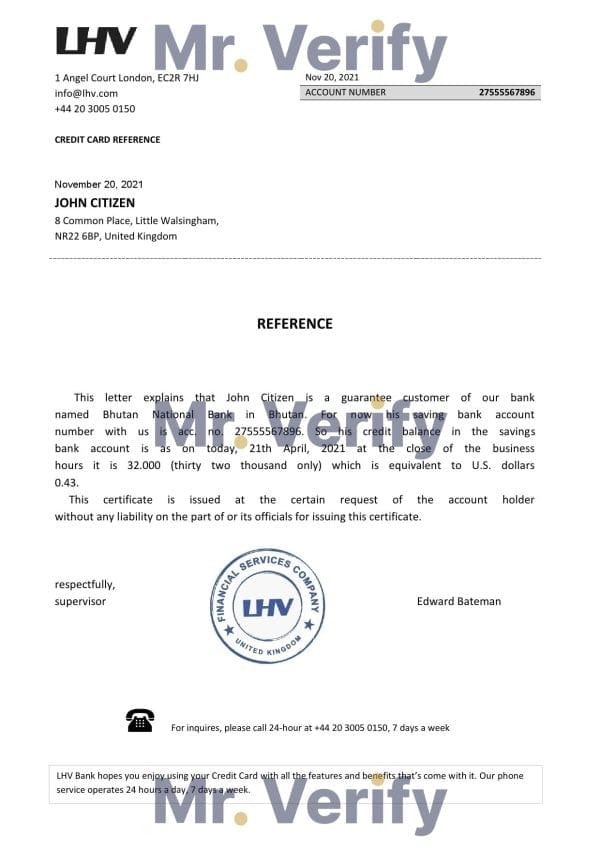 United Kingdom LHV bank account balance reference letter template in Word and PDF format United Kingdom LHV bank account balance reference letter template in Word and PDF format