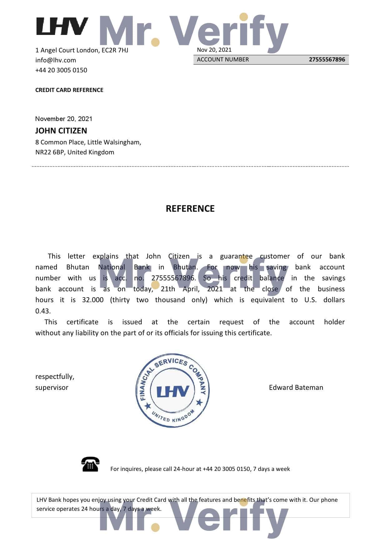 United Kingdom LHV bank account balance reference letter template in Word and PDF format United Kingdom LHV bank account balance reference letter template in Word and PDF format