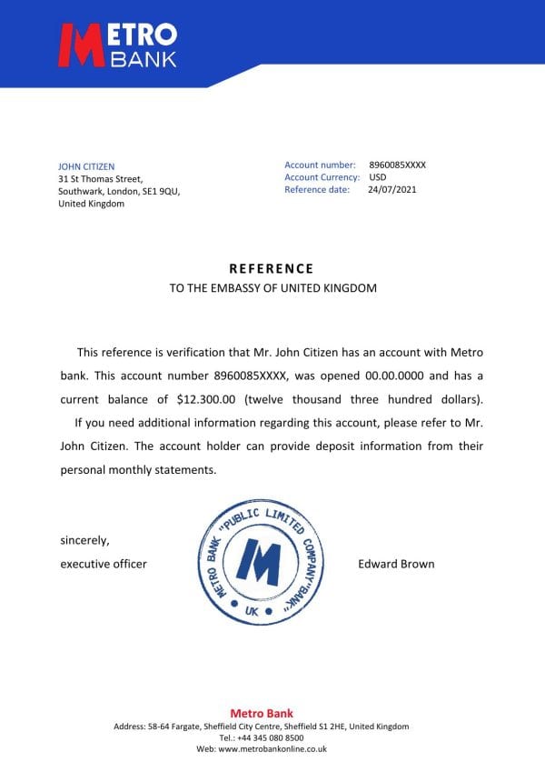 United Kingdom Metro bank reference letter template in Word and PDF format