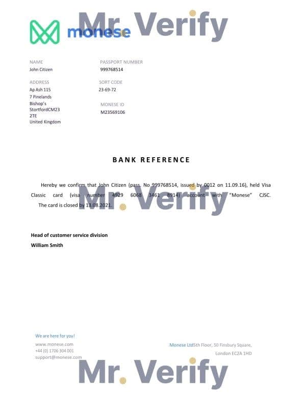 United Kingdom Monese bank account closure reference letter template in Word and PDF format United Kingdom Monese bank account closure reference letter template in Word and PDF format