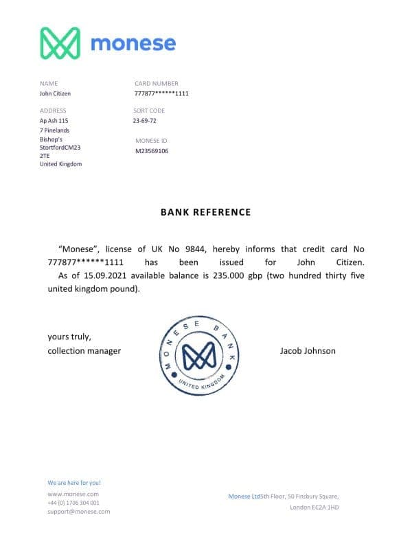 United Kingdom Monese bank account balance reference letter template in Word and PDF format