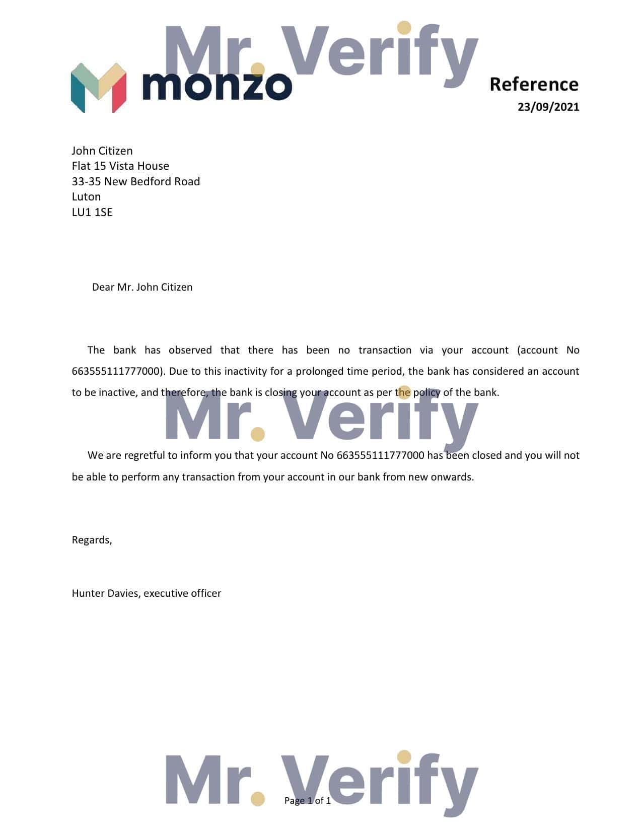 United Kingdom Monzo bank account closure reference letter template in Word and PDF format United Kingdom Monzo bank account closure reference letter template in Word and PDF format