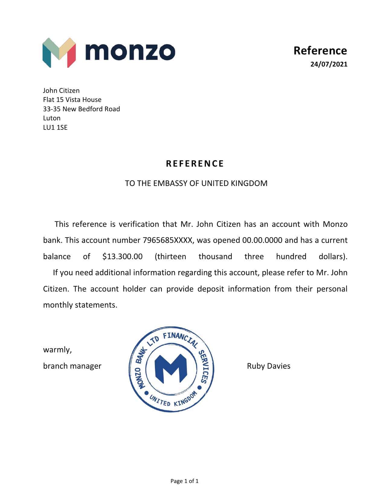 United Kingdom Monzo bank reference letter template in Word and PDF format United Kingdom Monzo bank reference letter template in Word and PDF format