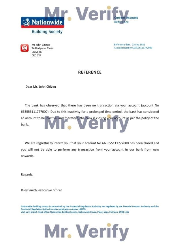 United Kingdom Nationwide bank account closure reference letter template in Word and PDF format United Kingdom Nationwide bank account closure reference letter template in Word and PDF format