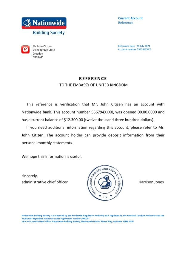 United Kingdom Nationwide bank reference letter template in Word and PDF format United Kingdom Nationwide bank reference letter template in Word and PDF format