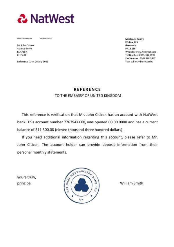 United Kingdom Natwest bank reference letter template in Word and PDF format United Kingdom Natwest bank reference letter template in Word and PDF format