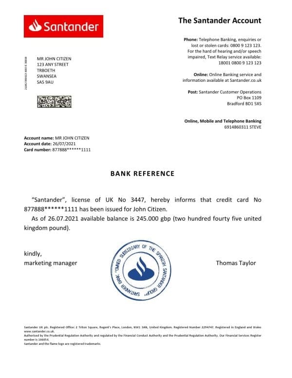 United Kingdom Santander bank reference letter template in Word and PDF format United Kingdom Santander bank reference letter template in Word and PDF format