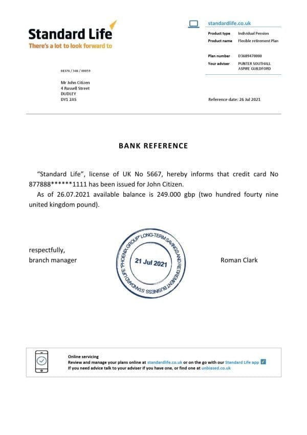 United Kingdom Standard Life bank reference letter template in Word and PDF format United Kingdom Standard Life bank reference letter template in Word and PDF format