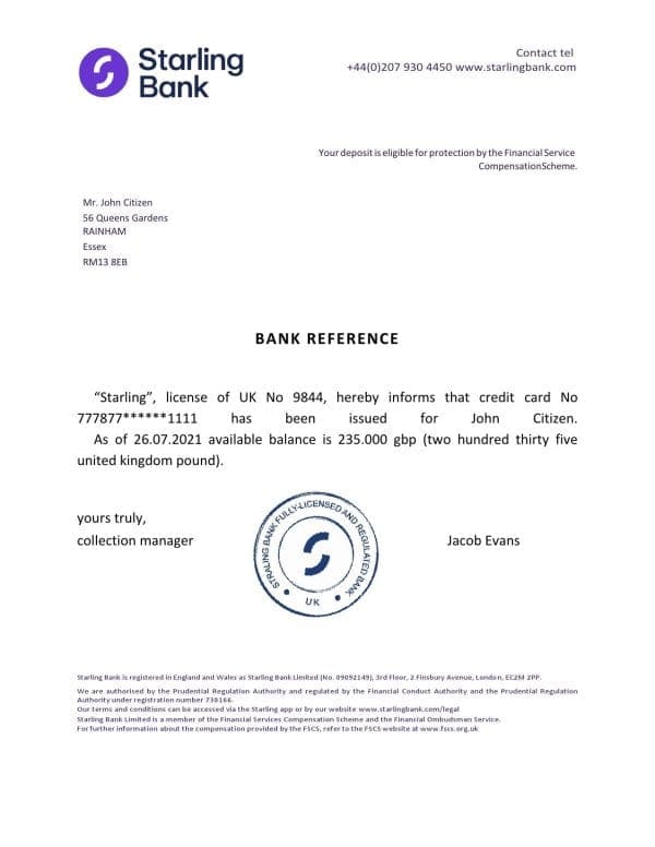 United Kingdom Starling bank reference letter template in Word and PDF format United Kingdom Starling bank reference letter template in Word and PDF format