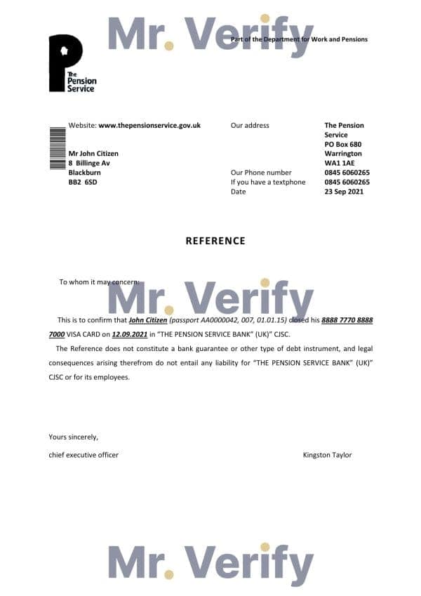 United Kingdom The Pension Service bank account closure reference letter template in Word and PDF format United Kingdom The Pension Service bank account closure reference letter template in Word and PDF format