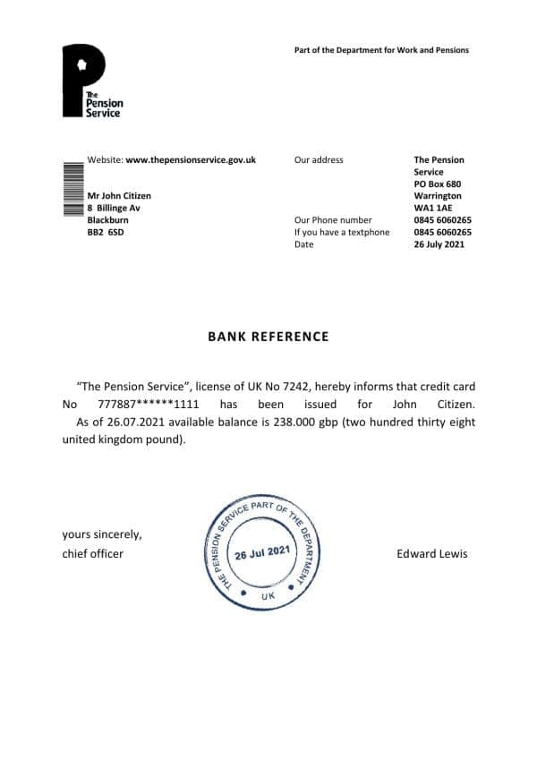 United Kingdom The Pension Service bank reference letter template in Word and PDF format United Kingdom The Pension Service bank reference letter template in Word and PDF format