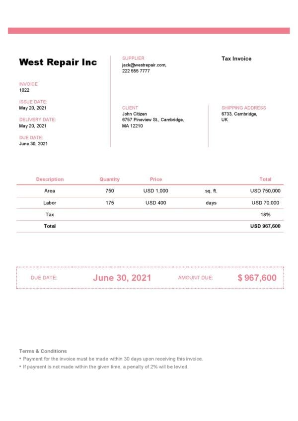 United Kingdom West Repair Inc invoice template in Word and PDF format, fully editable United Kingdom West Repair Inc invoice template in Word and PDF format, fully editable