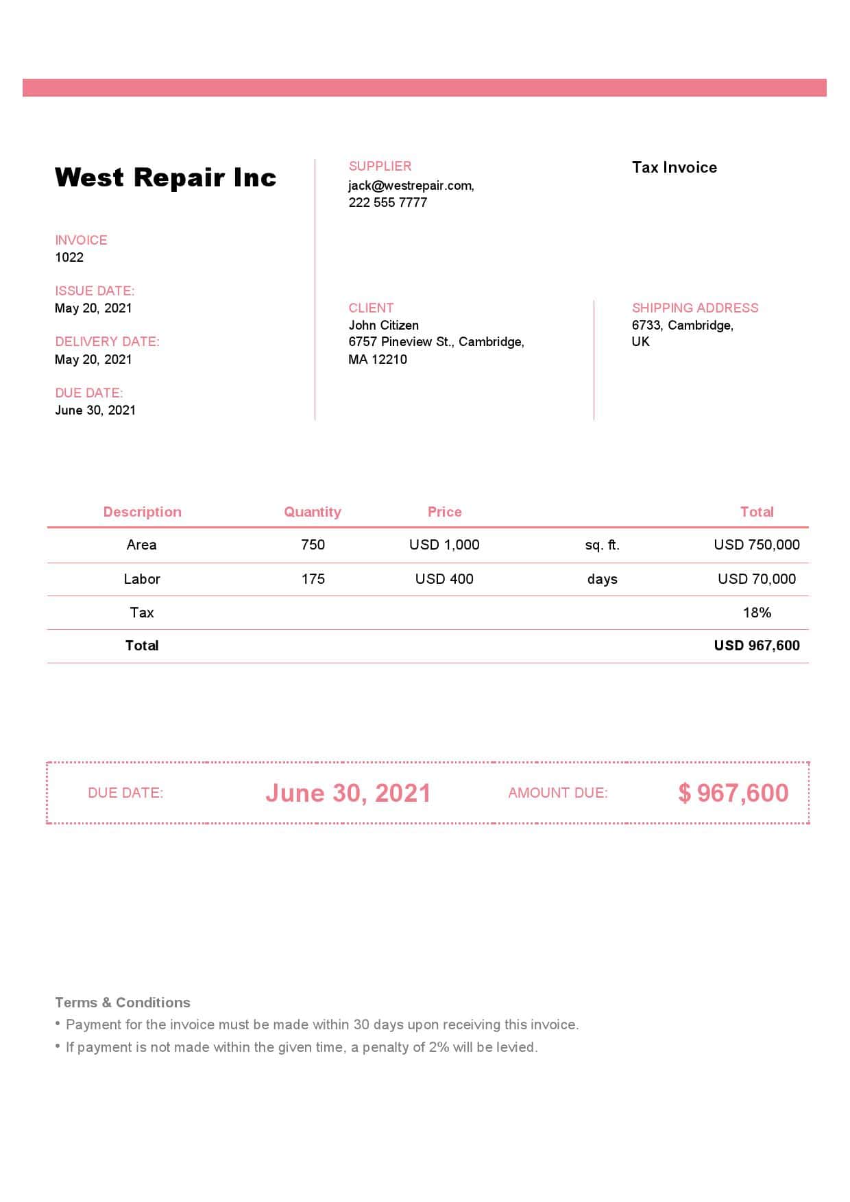 United Kingdom West Repair Inc invoice template in Word and PDF format, fully editable United Kingdom West Repair Inc invoice template in Word and PDF format, fully editable