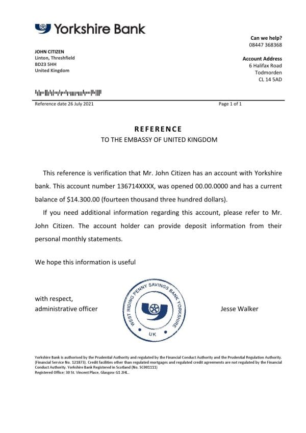 United Kingdom Yorkshire bank reference letter template in Word and PDF format United Kingdom Yorkshire bank reference letter template in Word and PDF format