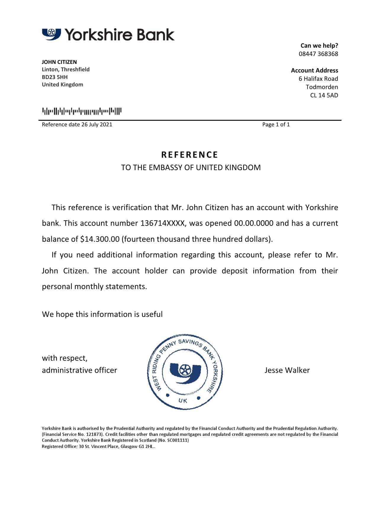 United Kingdom Yorkshire bank reference letter template in Word and PDF format United Kingdom Yorkshire bank reference letter template in Word and PDF format