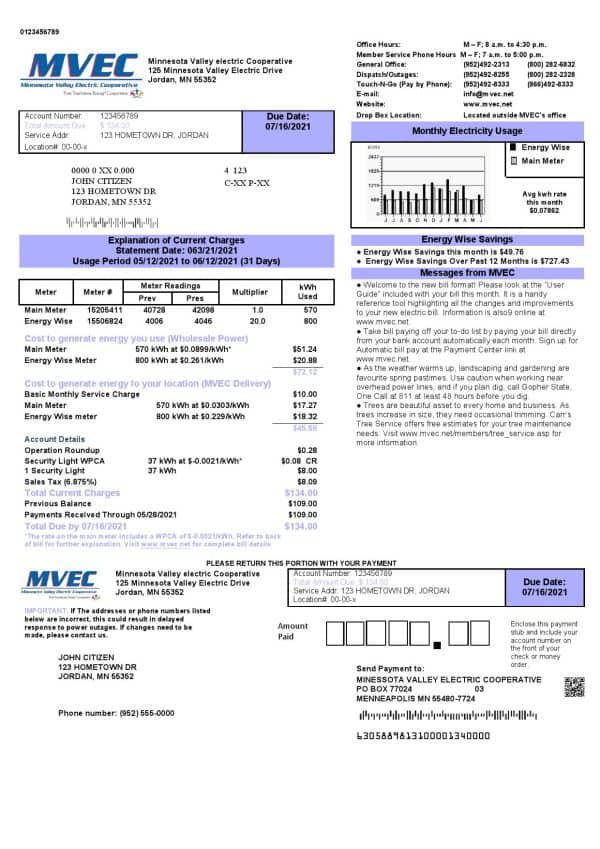 USA Minnesota Valley Electric Cooperative (MVEC) utility bill template in Word and PDF format
