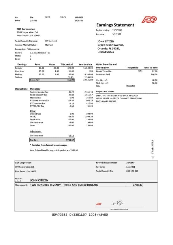 USA ADP Earnings statement template in .xls and .pdf file format