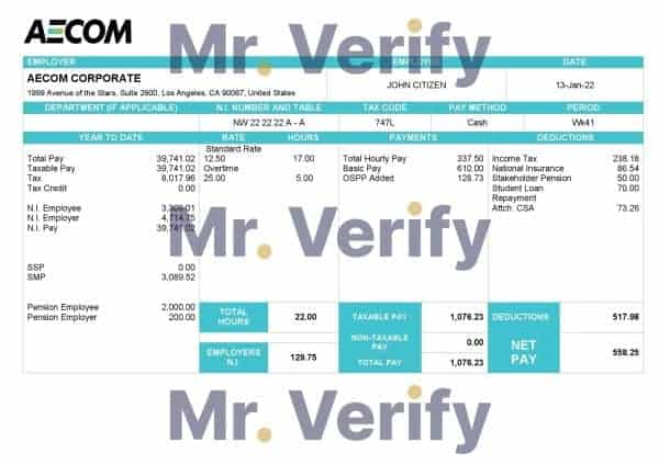 USA AECOM construction company pay stub Word and PDF template