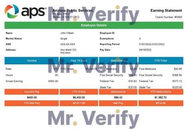 USA APS public services company pay stub Word and PDF template