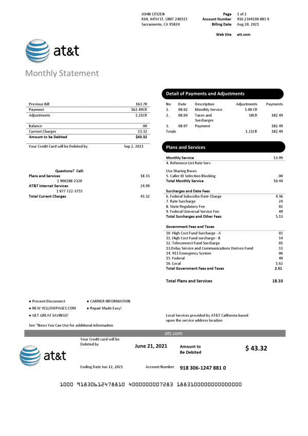 USA Texas AT&T telecommunications utility bill template in Word and PDF format (2 pages)