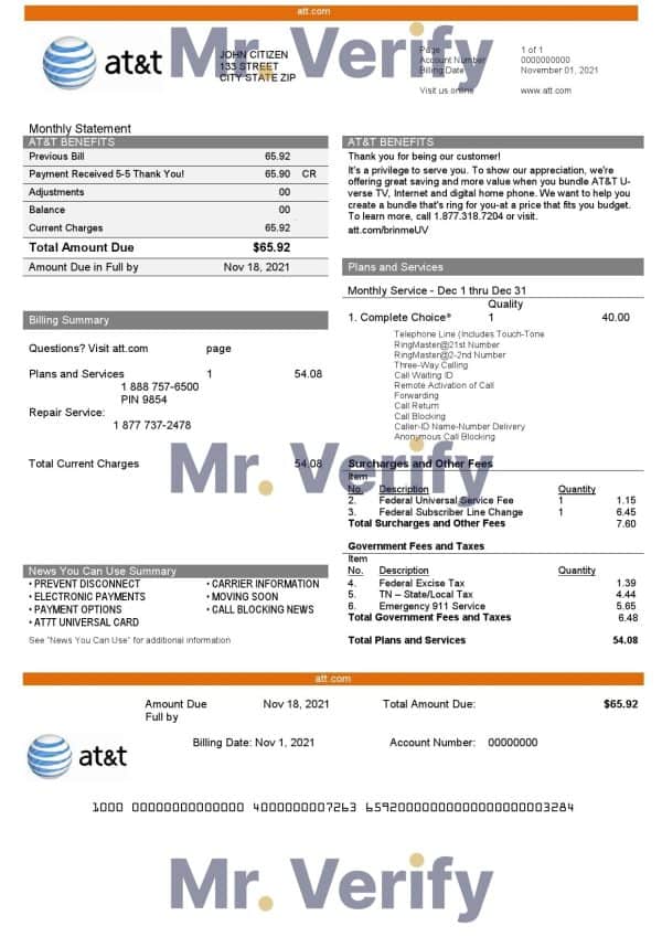 USA Texas AT&T telecommunications utility bill template in Word and PDF format