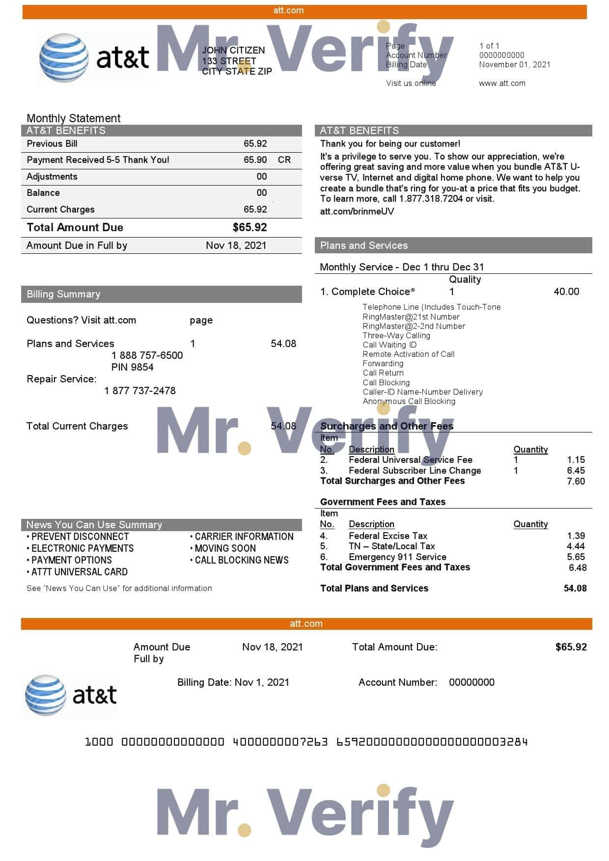 USA-ATT-utility-bill.jpg USA Texas AT&T telecommunications utility bill template in Word and PDF format