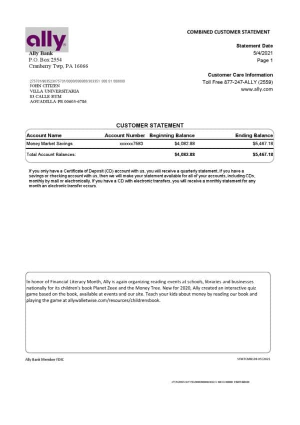 USA Ally Bank statement template in Excel and PDF format (4 pages)
