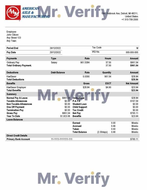 USA American Axle manufacturing company pay stub Word and PDF template