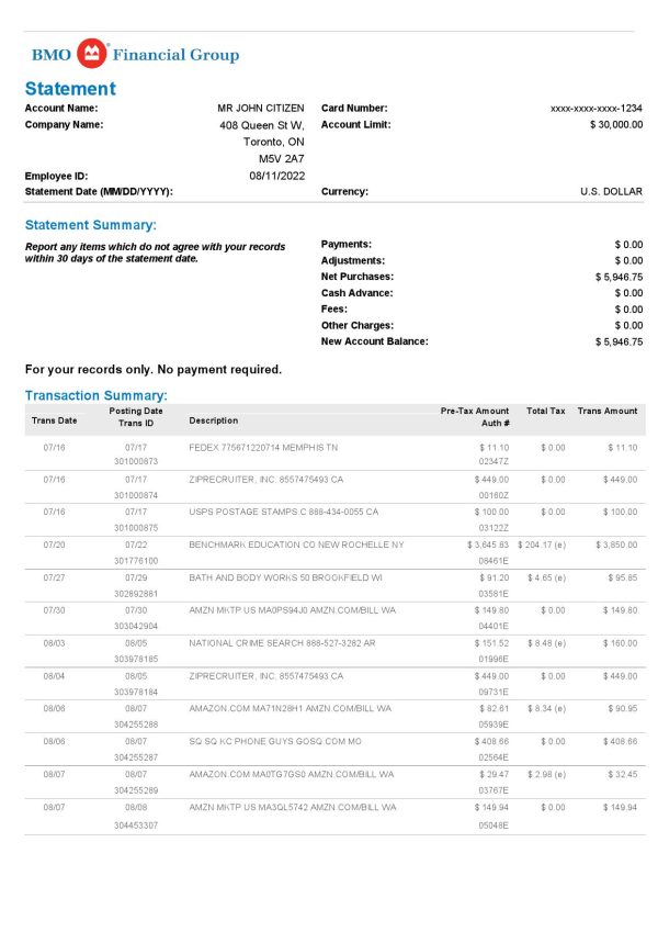 USA BMO bank statement, Word and PDF template, 4 pages